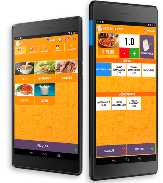 Pantallas del Comandero Móvil de Soft Restaurant® en tableta y teléfono